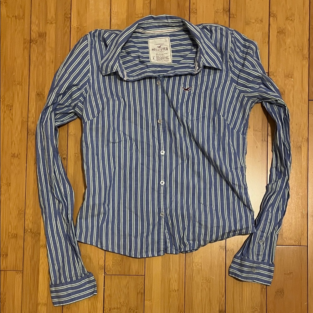 Vintage Hollister Navy and White Striped Shirt button up y2k pocket top